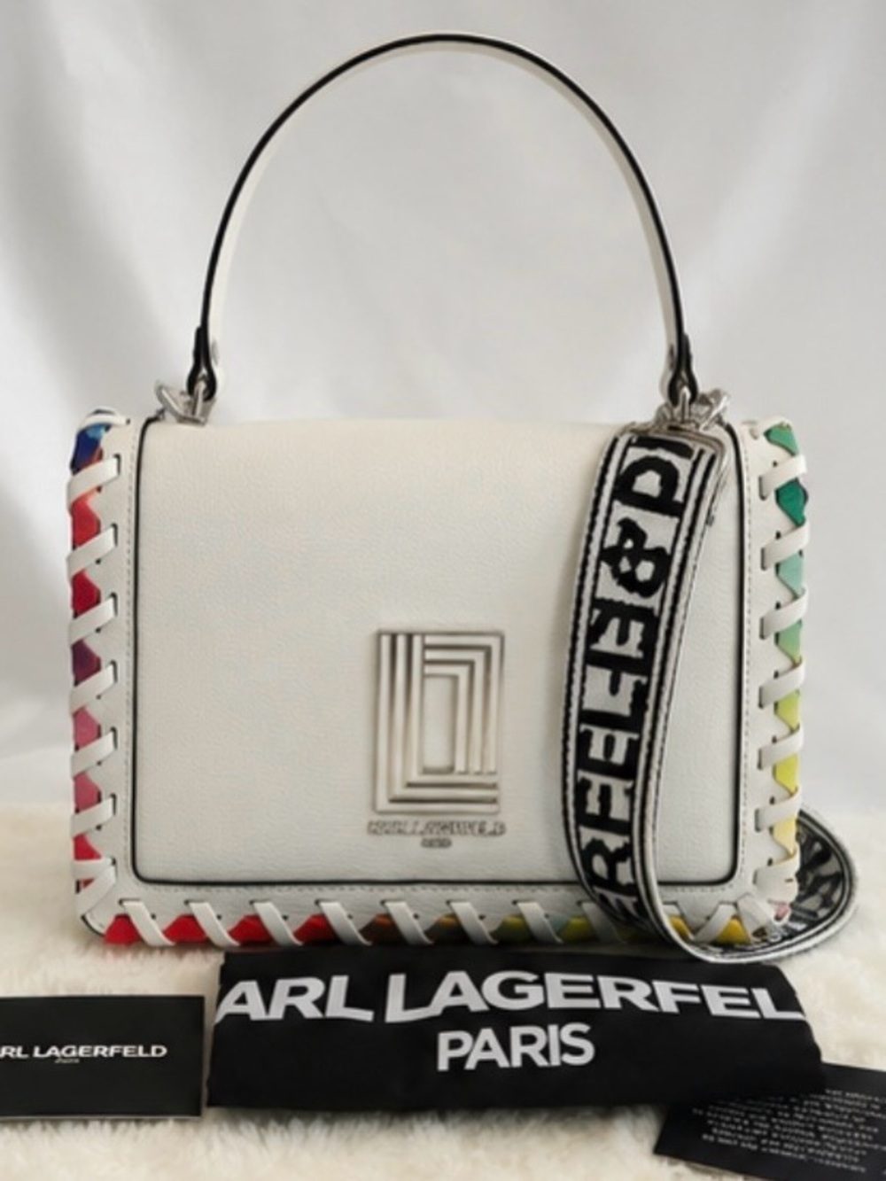 Karl Lagerfeld White Leather Shoulder Bag with Rainbow Braided Trim